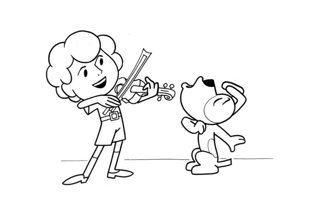 Ilustracja w formie czarnej kreski przedstawiająca śpiewającego psa Reksia przy akompaniamencie skrzypcowym w wykonaniu chłopca na skrzypcach.