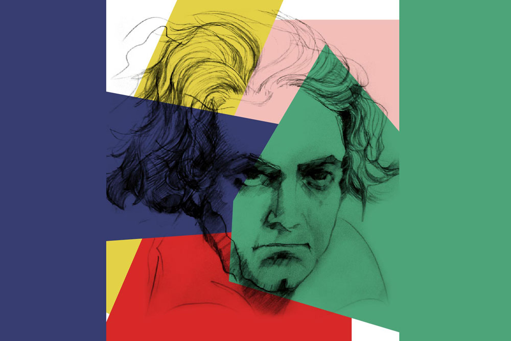 Grafika identyfikująca 23. Wielkanocny Festiwal im. Ludwiga van Beethovena. Przedstawia portret kompozytora w formie szkicu ołówkiem naniesiony na różnokolorowe tła: czerwone, granatowe, żółte zielone i różowe.
