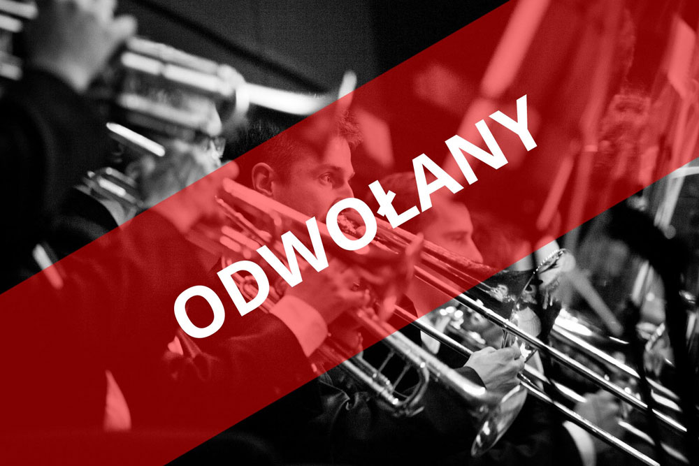 Grafika o tematyce koncertowej w tle. Na pierwszym planie po przekątnej duży napis: ODWOŁANY