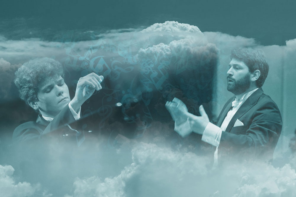 Grafika w formie kolażu łączącego zdjęcia pianisty i dyrygenta na tle skomponowanym z chmur i rozproszonych nut. Grafika w odcieniu niebieskim.