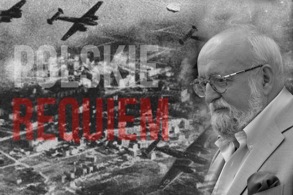 Grafika w formie kolarzu. Po prawej stronie lewy profil zamyślonego Krzysztofa Pendereckiego na tle zdjęcia z II wony światowej zrobionego podczas nalotu. Widoczne czarne sylwetki bombowców z wyraźnymi krzyżami Fuftwaffe. Na czaro-białej kompozycji widnieje duży białoczerwony, transparentny napis napis: POLSKIE REQUIEM. Tekst jest umieszczony w dwóch rzędach.