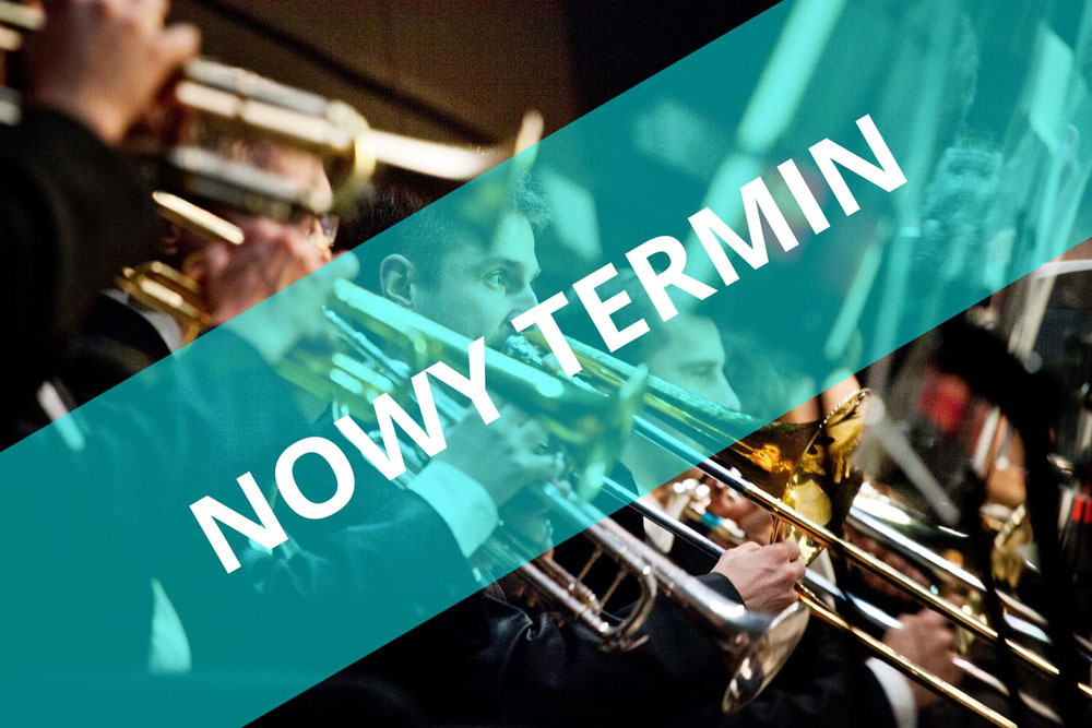 Grafika o tematyce koncertowej w tle. Na pierwszym planie po przekątnej duży napis: NOWY TERMIN