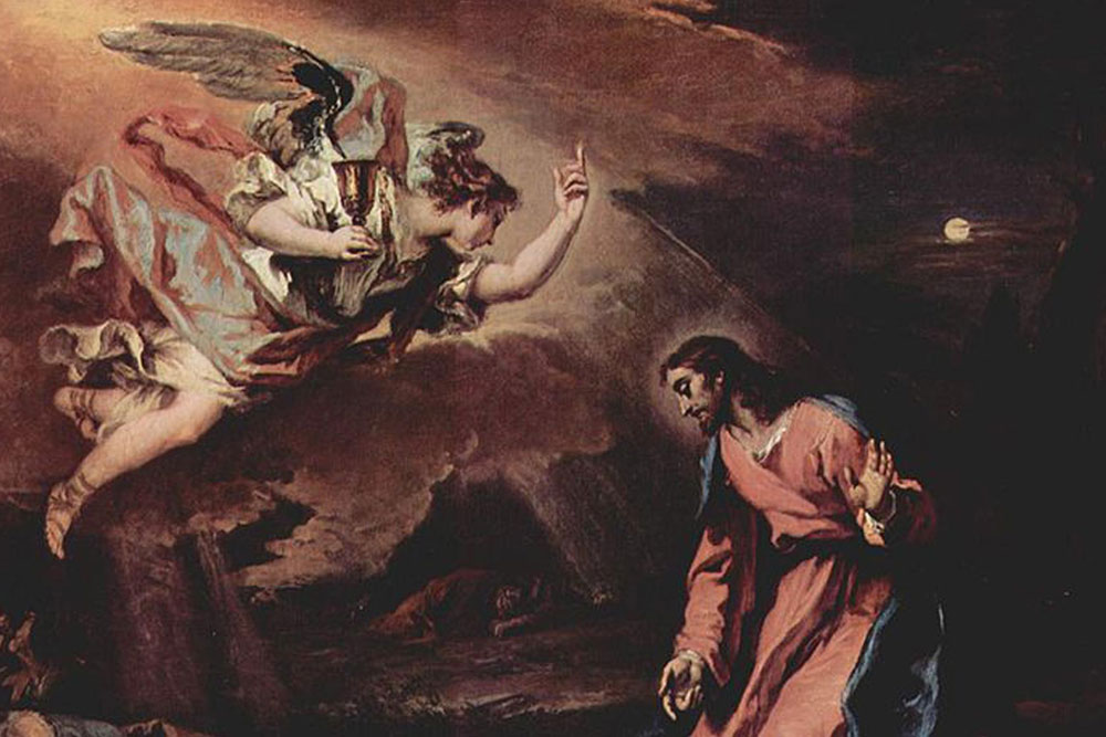 Na obrazie scena biblijna. Anioł z kielichem pojawiający się klęczącemu chrystusowi.