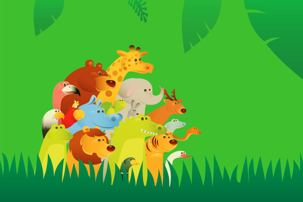 Kolorowa ilustracja przedstawiająca grupę dzikich zwierząt na, żywo-zielonym tle. Wszystkie zwierzęta są zwrócone w jednym – Prawym kierunku i patrzą na jakiś jeden niezidentyfikowany cel.