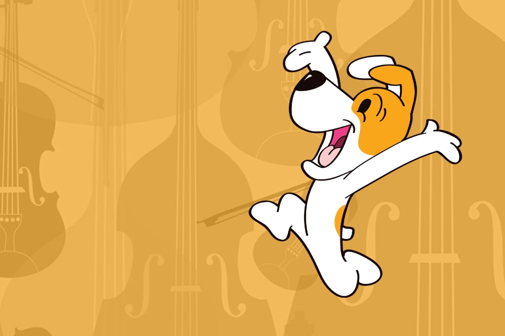 Ilustracja przedstawia słynnego bohatera kreskówski – psa Reksia. Pies ujęty w radosnym podskoku z uniesionymi w górę przednimi łapami. Pies jest radosny. Postać na pomarańczowym tle z przebijającymi instrumentami smyczkowymi.