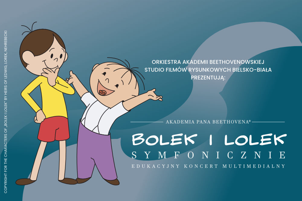 Postaci bohaterów - Bolka i Lolka na niebieskim tle z konturami skrzypiec